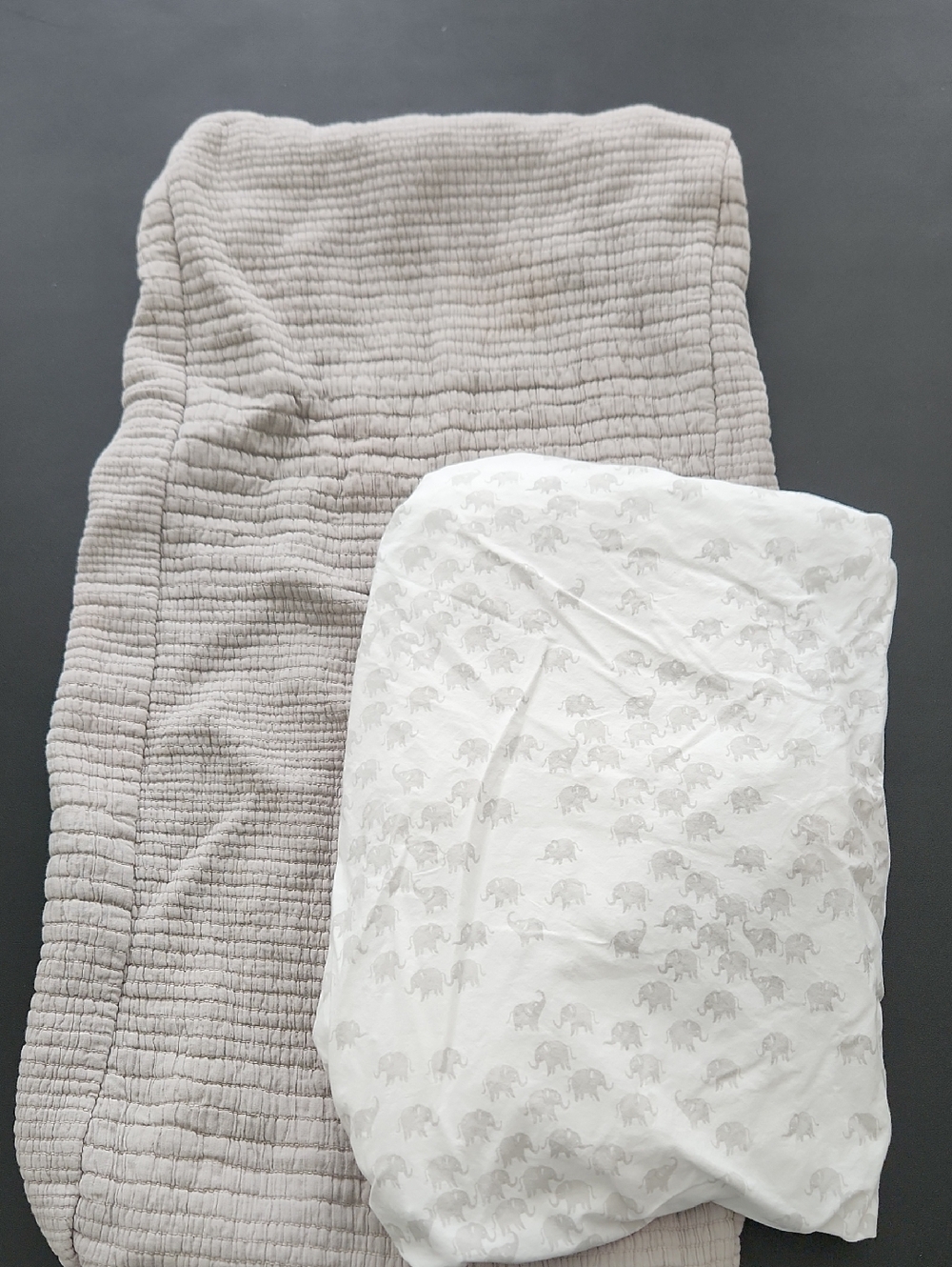 Pottery Barn Kids Gray Quilted Changing Cover & White Elephant Fitted Crib Sheet